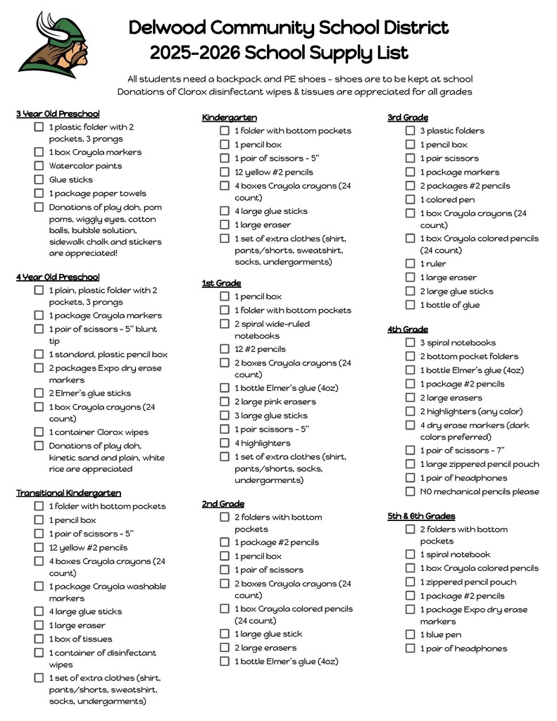 Delwood School Supply List 2025-2026