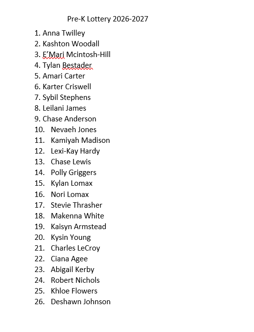 Pre -K Drawing for 2026-2027