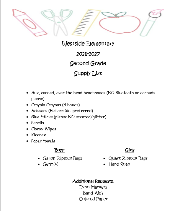 2nd Grade Supply List