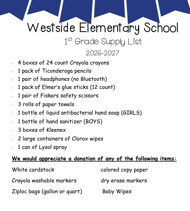 1st Grade Supply List