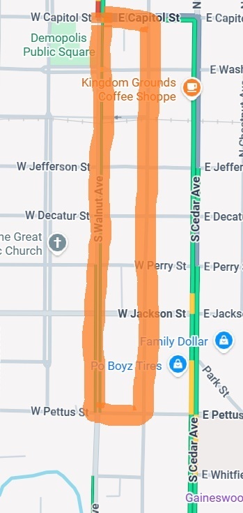 Parade Route up Walnut and down Strawberry