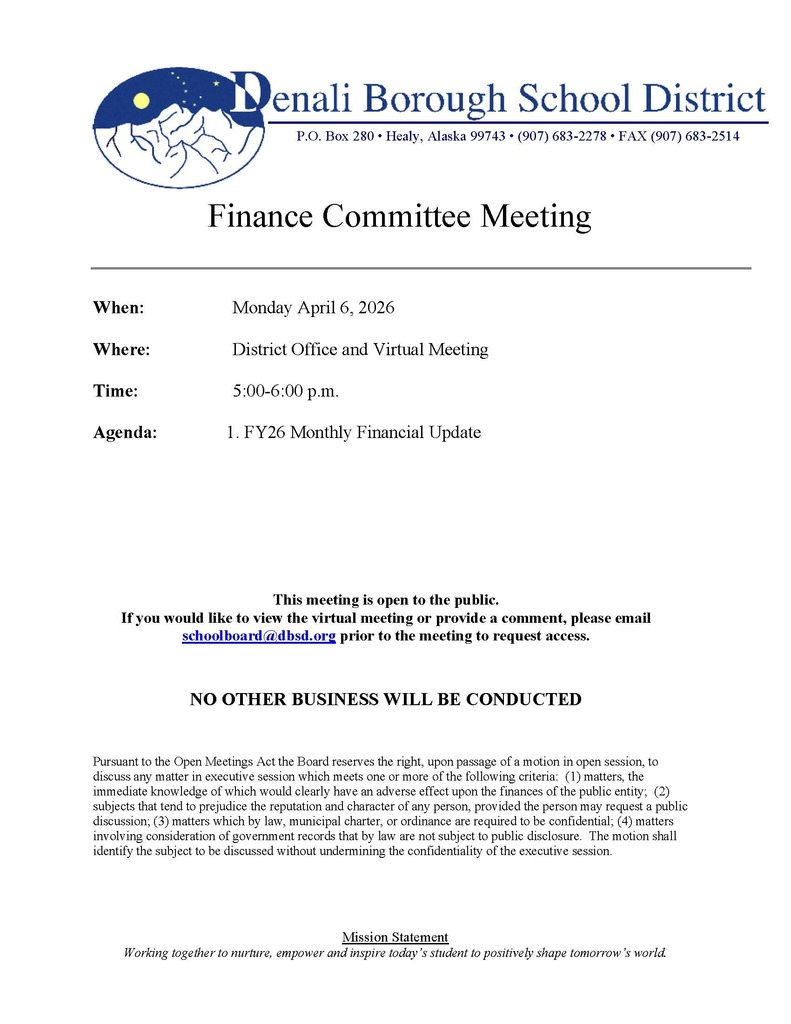 School Board Finance Committee Meeting 5-6 pm