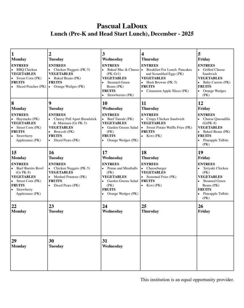 December Lunch Menu