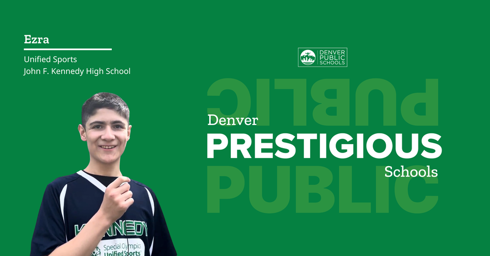 Graphic reading "Denver Prestigious Schools" with picture of Ezra
