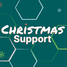 Green Sign with Christmas Support Written with Snowflakes in background