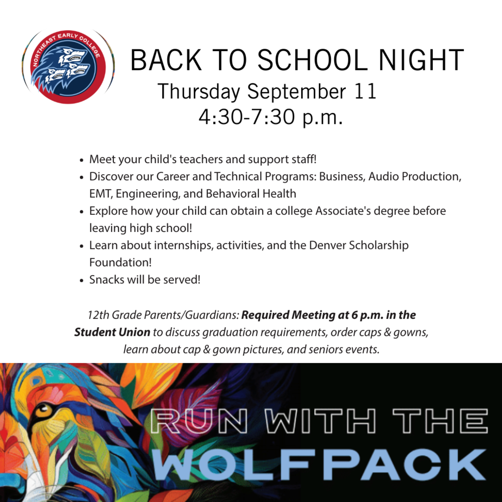 Back to School Night flyer; details in the article. NEC logo and image of colorful wolf face with the caption "Run with the wolfpack"