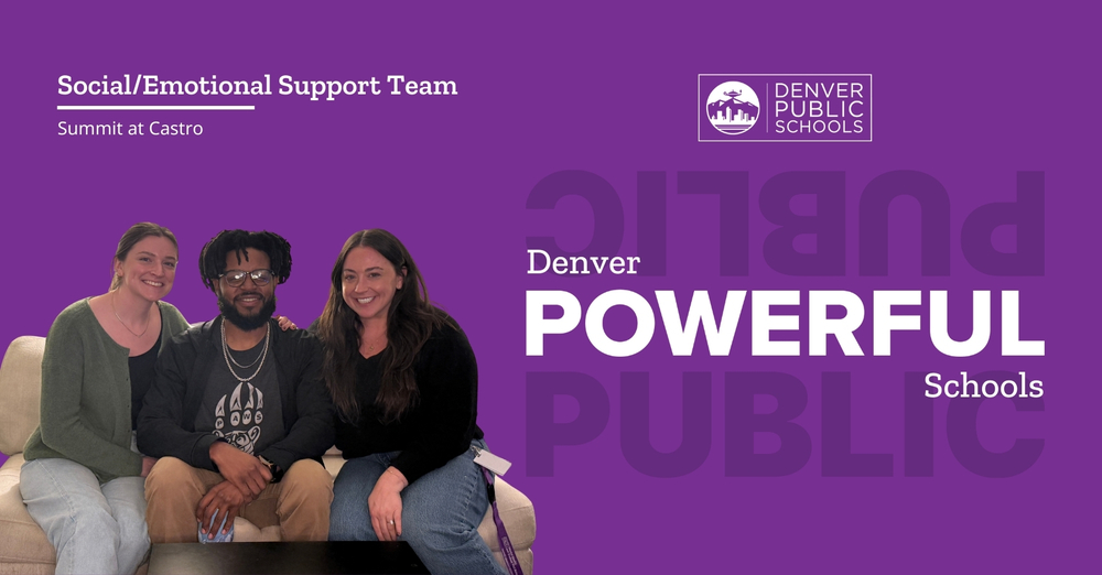 Graphic reading "Denver Powerful Schools" with a group of individuals from Summit at Castro