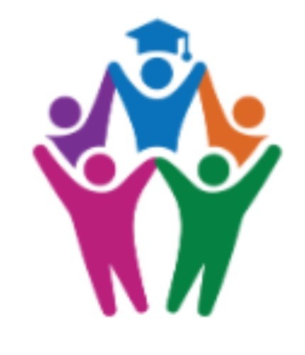Five silhouettes of people (pink, purple, blue, orange, and green) holding hands with the blue person wearing a graduation cap