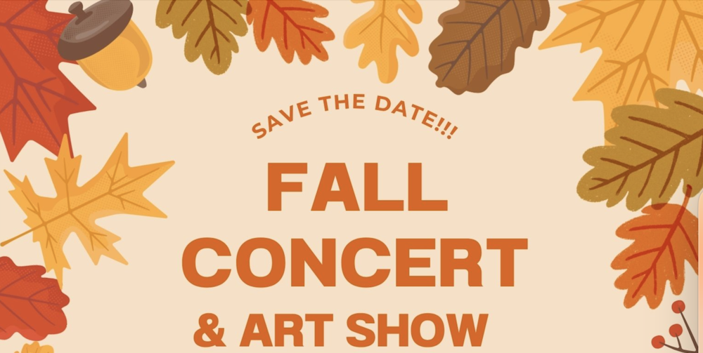 Fall Concert and Art Show sign with autumn leaves