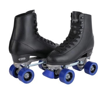 Black roller skates with blue wheels