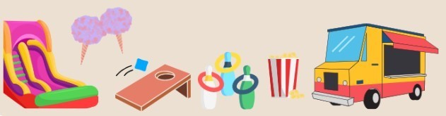 Cartoon pictures of bounce slide, ice cream cones, bag toss, popcorn and food truck
