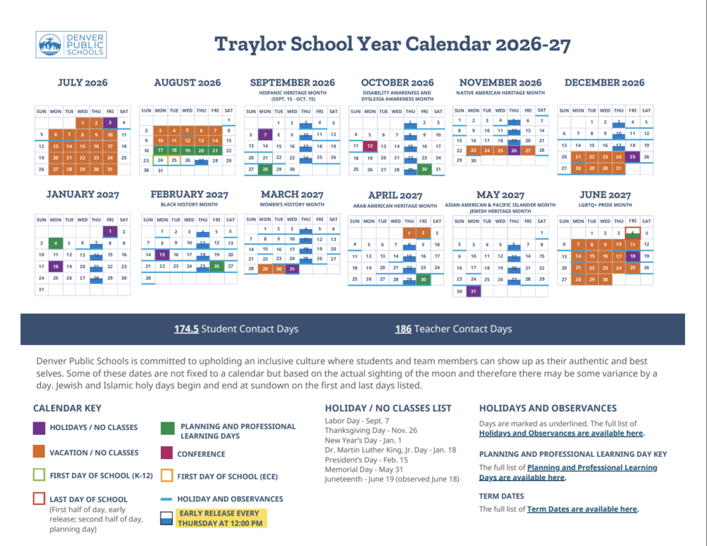 Traylor School Year Calendar