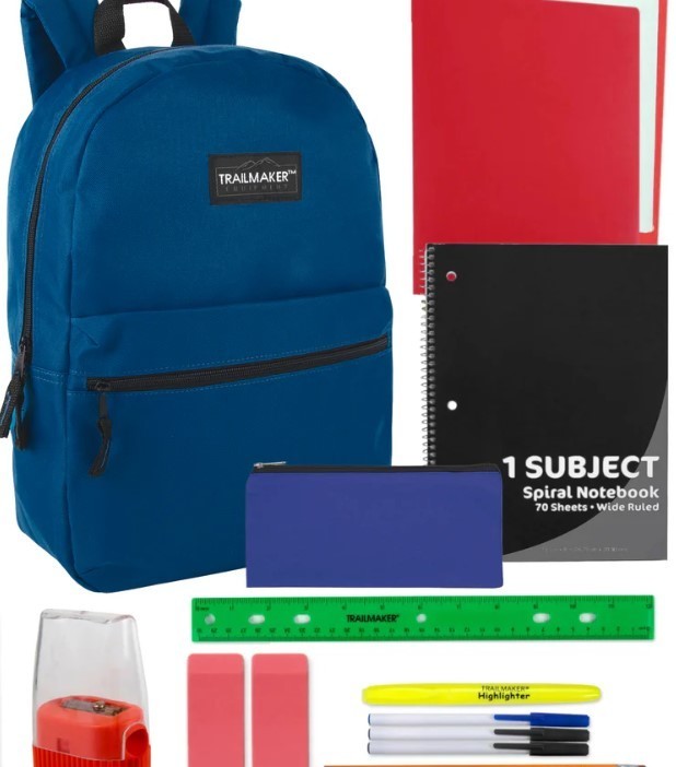 school supplies including a blue backpack and red notebook