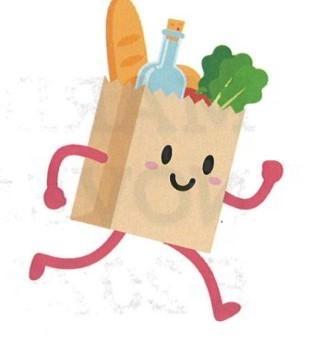 A brown bag of food running  and smiling