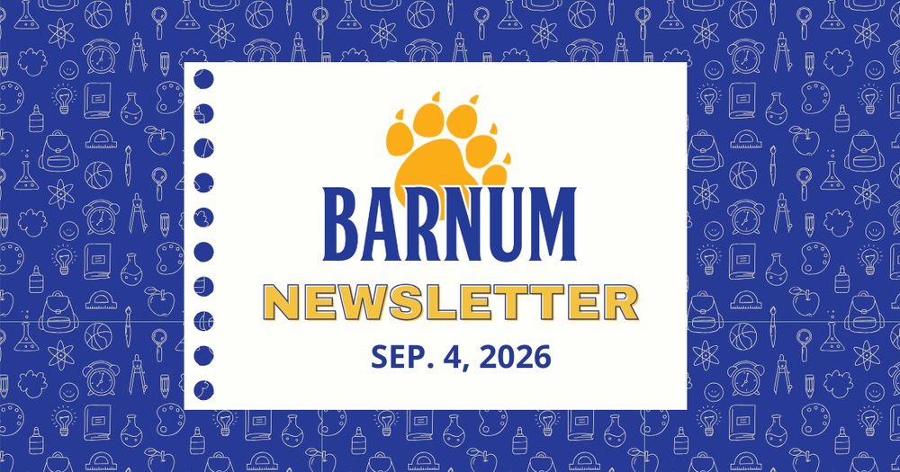 Image of a fun school supply background with a paper graphic with the Banrum Elementary School logo with the text "Newsletter, Sep 4. 2026"