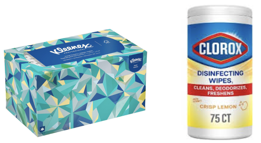 kleenex box and clorox wipe container