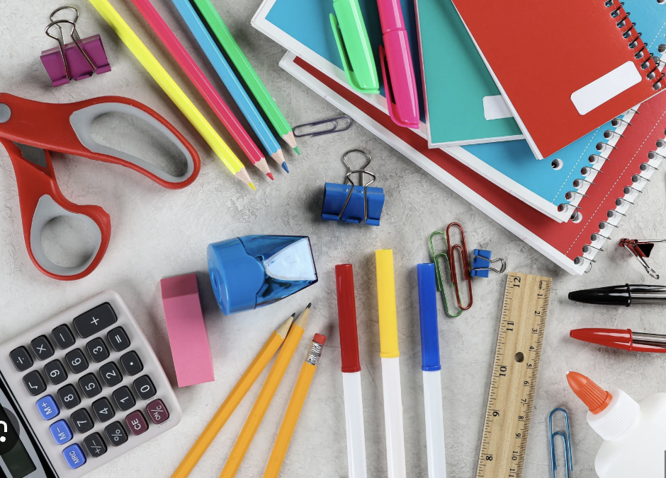 school supplies on a table