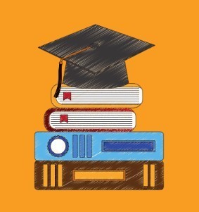 Black graduation caps  on top of books 