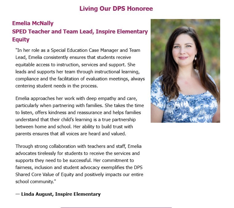 Living Our DPS Honoree Emelia McNally