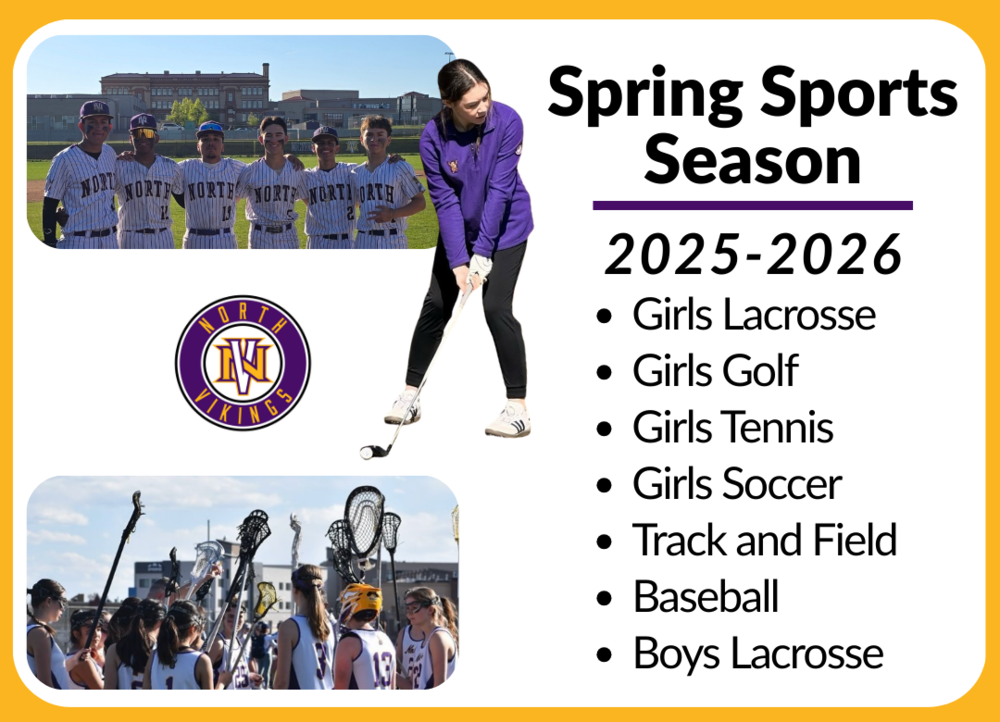 Spring Sports Info Flyer, girls playing lax and golf, boys in baseball uniforms