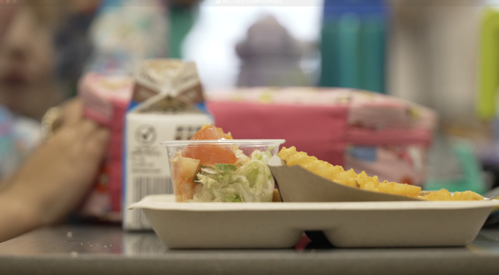 Photo of lunch tray with french fries and salad cup