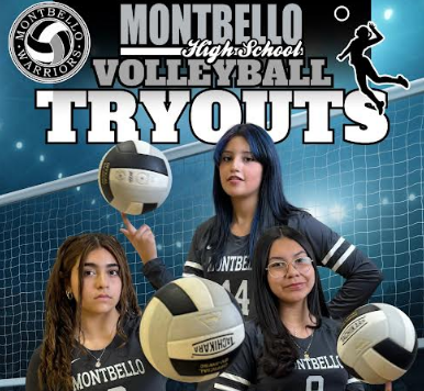 3 montbello students holding vollyballs with Montbello logo and the words "Montbello High School Volleyball Tryouts"