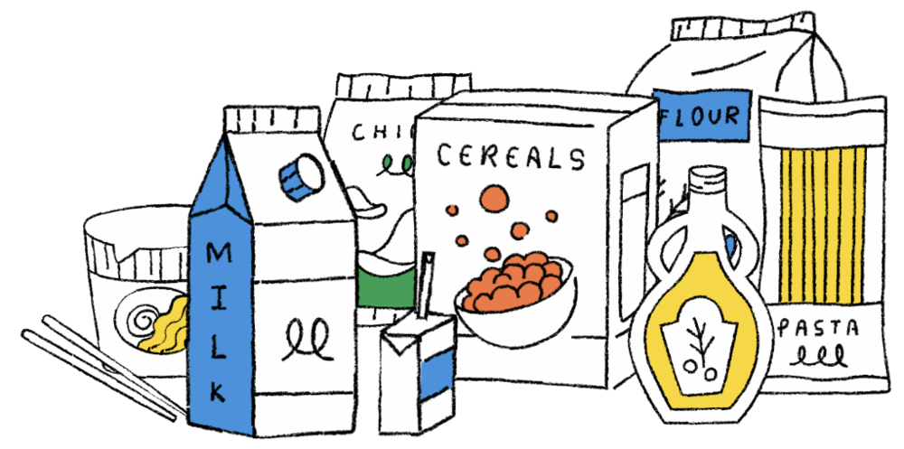 drawing of milk carton, cereal, pasta, juice box, flour