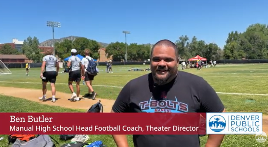 Screenshot of video featuring Ben Butler, Manual HS Head Football Coach and Theater Director