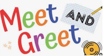 Multi colors spelling our Meet and Greet with a school bell in the right hand corner