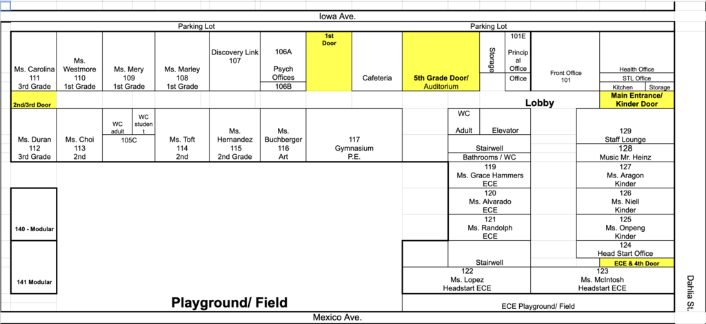 Picture of the Ellis floor plan with grade level entrance and exit doors highlighted.