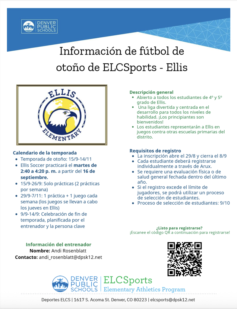 ELC Soccer Flyer in Spanish for Ellis Elementary.