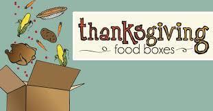 Thanksgiving letter banner and image of a Box with Turkey, Pie, and Veggies floating out.