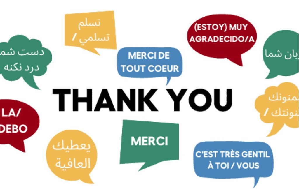"Thank you" written in several languages all in speaking bubbles