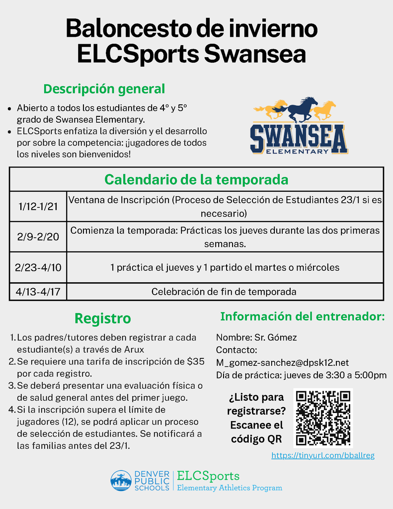 ELCSports: Winter Basketball Flyer for 4th and 5th grade families- Spanish 