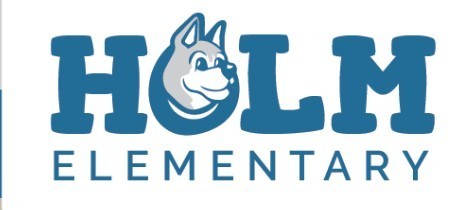 Holm Huskies Logo with Husky popping our of  Holm 