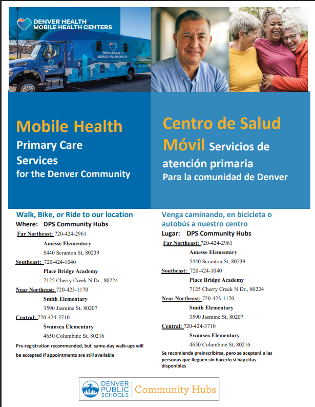 Mobile Health Primary Care Services for the Denver Community/Centro de Salud  Móvil Servicios de atención primaria Para la comunidad de Denver
