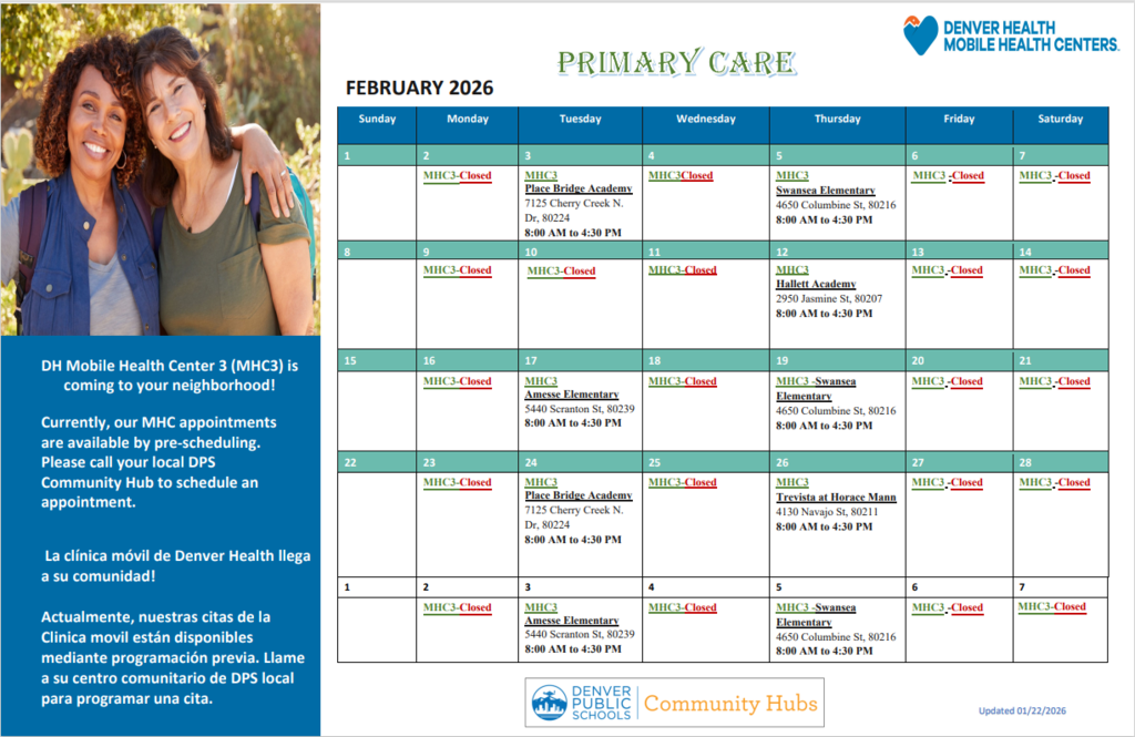 DH Mobile Health Center 3 (MHC3) is  coming to your neighborhood!/La clínica móvil de Denver Health llega  a su comunidad! 