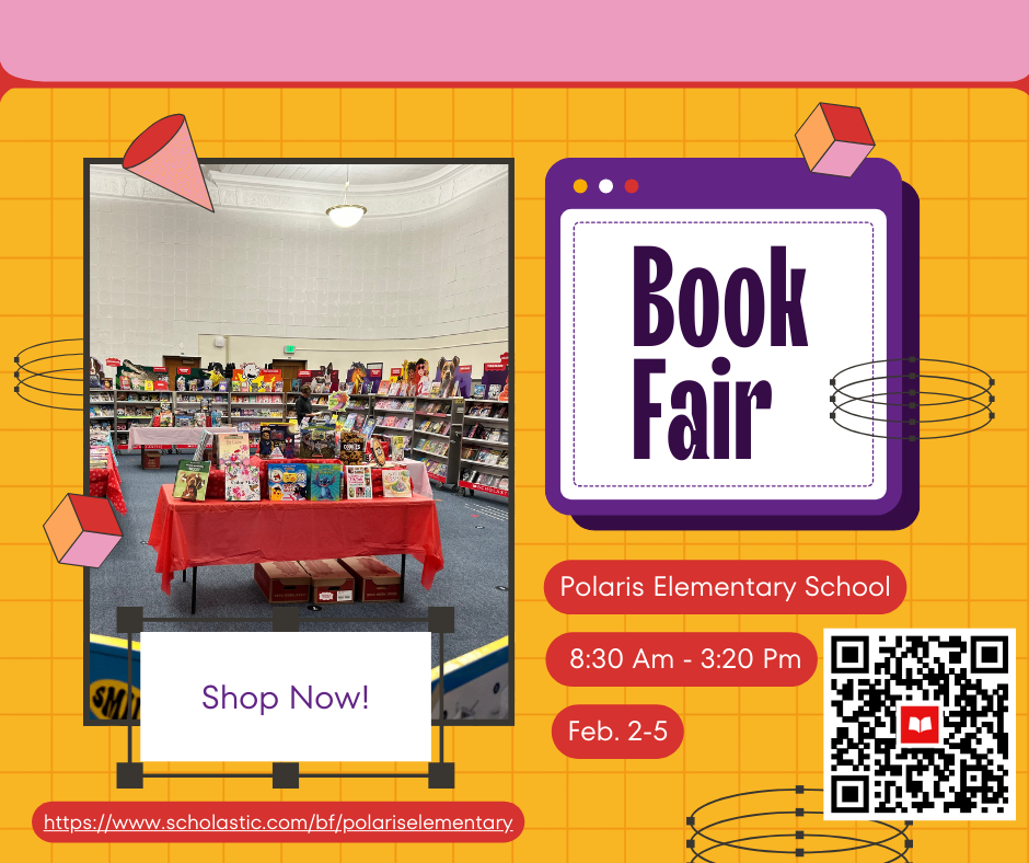 Polaris Book Fair image of books on tables and shelves.  QR code and link to Website