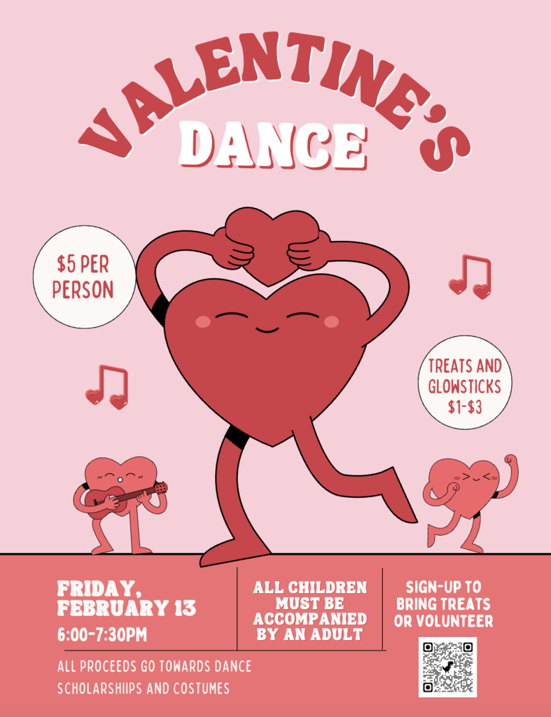 Flyer of Valentine's day dance with a cartoon hear dancing and holding a heart 