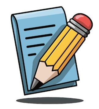 Cartoon pencil on top of a pad of lined paper