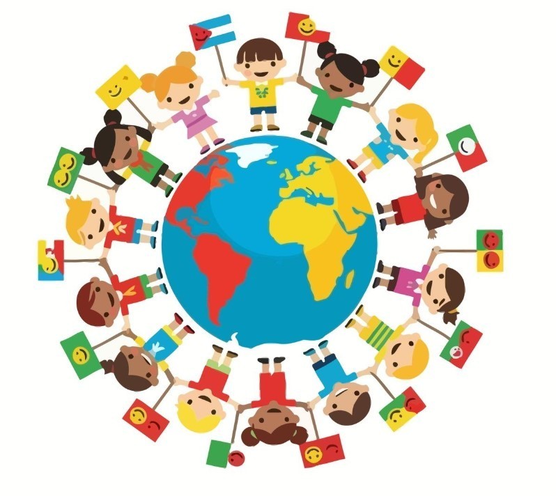 Cartoon students standing around the Earth each holding a flag.