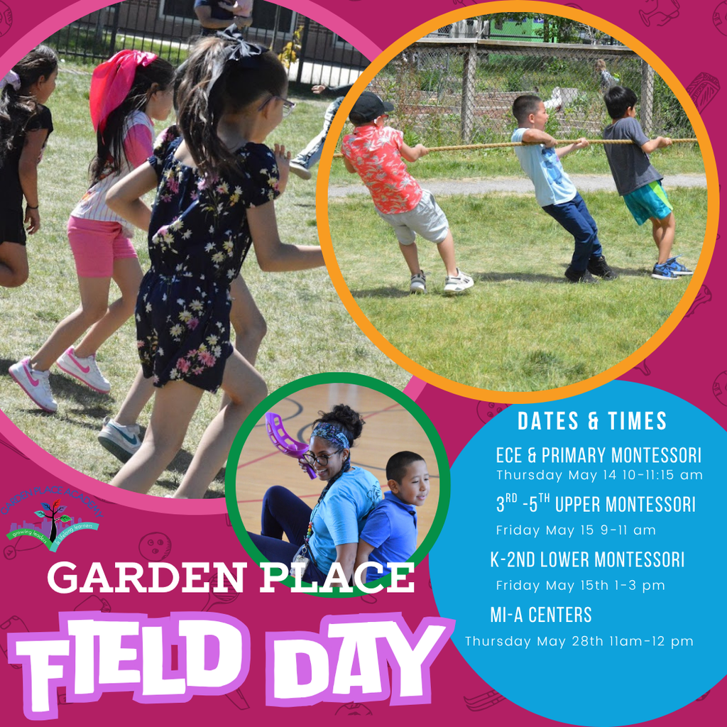 Hello GPA Families,  We would like to invite you to our annual field day.   ECE and Primary Montessori Thursday May 14 from 10-11:15 am 3rd-5th and Upper Montessori Friday May 15 from 9 am-11 am K-2nd and Lower Montessori Friday May 15 from 1pm -3pm MI-A Centers Thursday May 28th 11 am -12pm