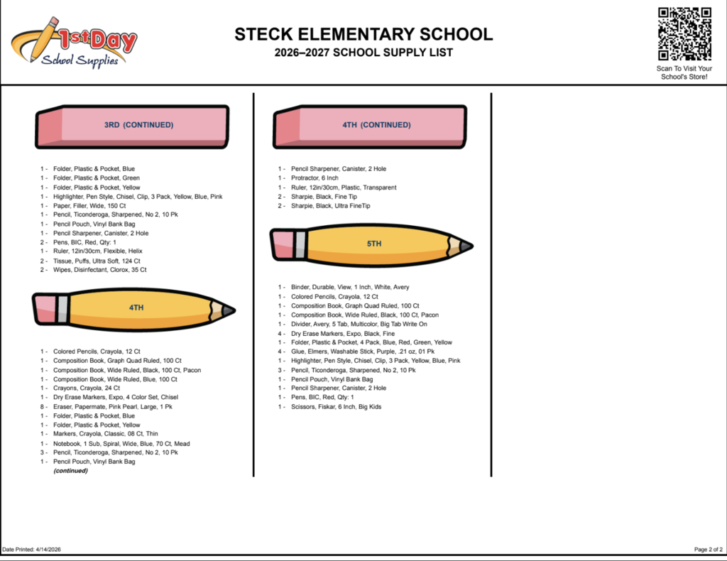 School supplies lists for each grade and QR codes for ordering