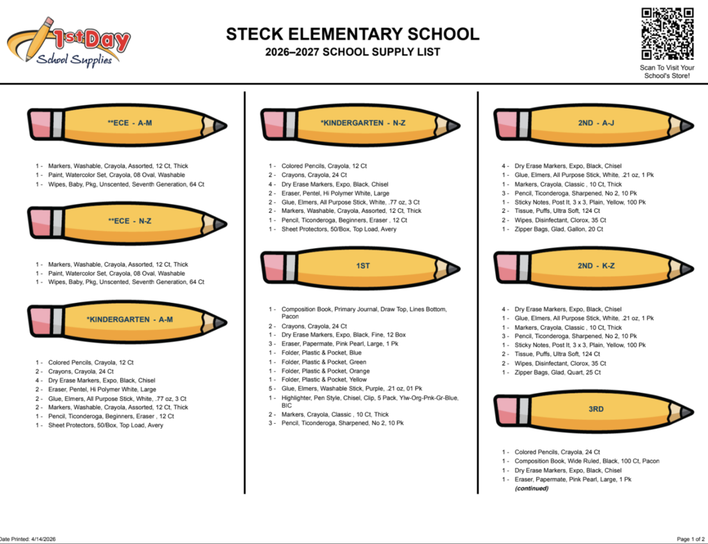 School supplies lists for each grade level and the QR code for ordering