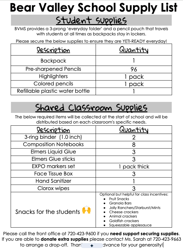 School Supply list