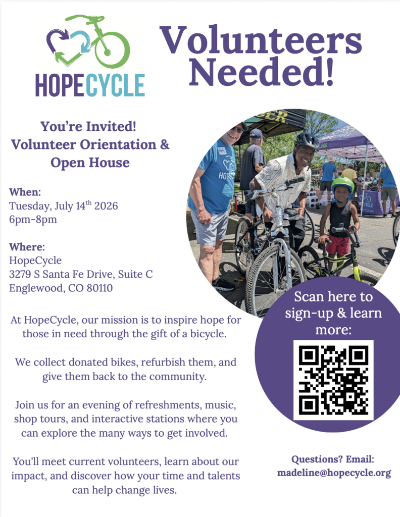 Hope Cycle Volunteer Open House Event on July 14th from 6 to 8 pm.