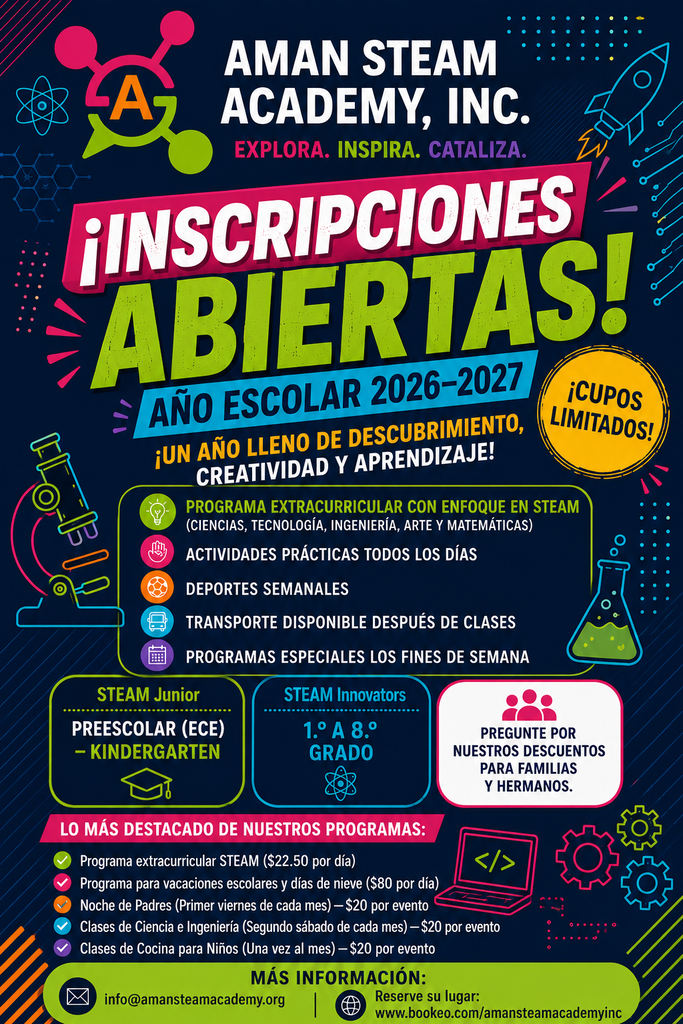 Un folleto colorido en espanol que anuncia la programación de AMAN Steam Academy para el ciclo 2026-2027.