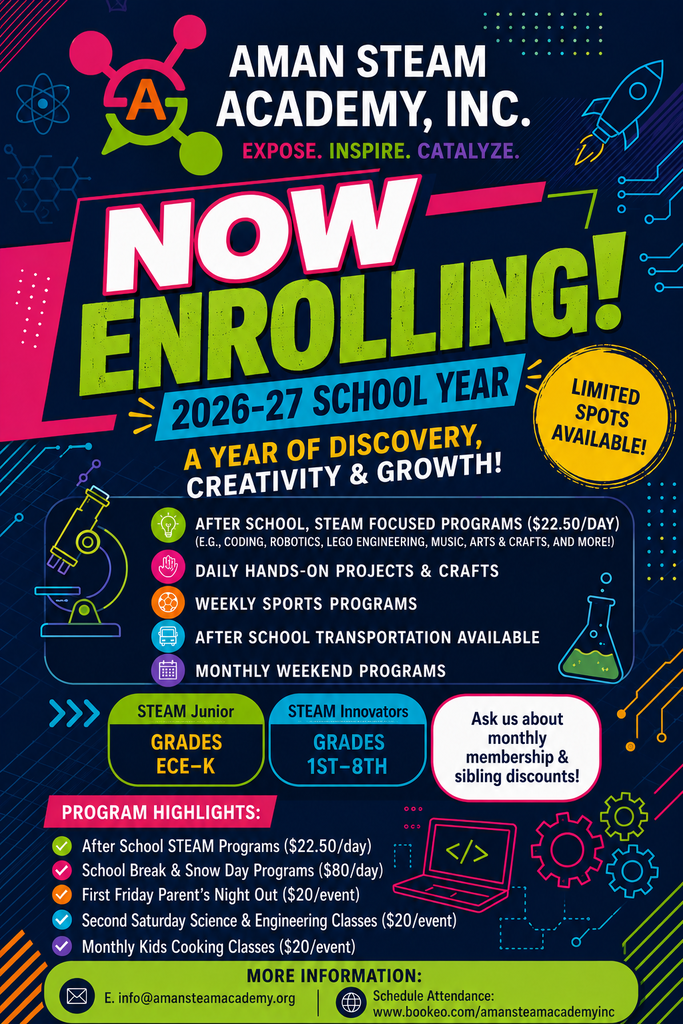 A colorful, English-language flier advertising AMAN Steam Academy's 2026-2027 programming.
