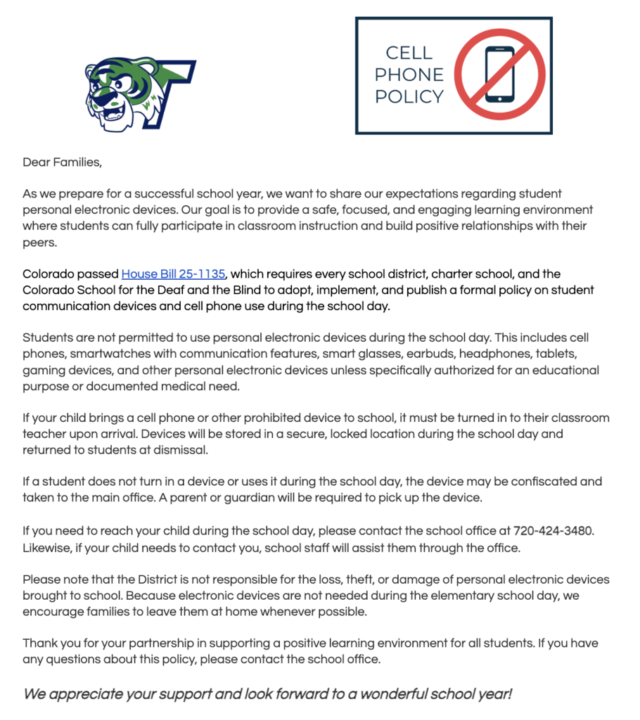 Image of letter describing Cell Phone Policy
