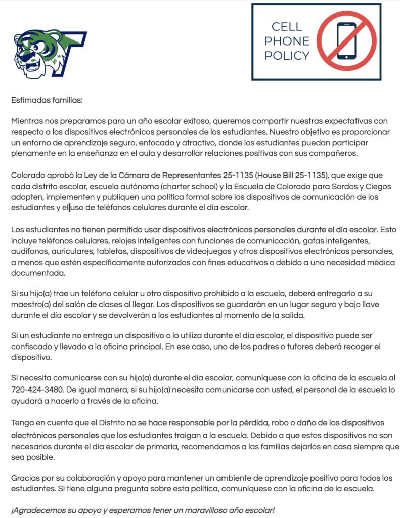 Imagen de una carta que describe la política sobre teléfonos móviles.
